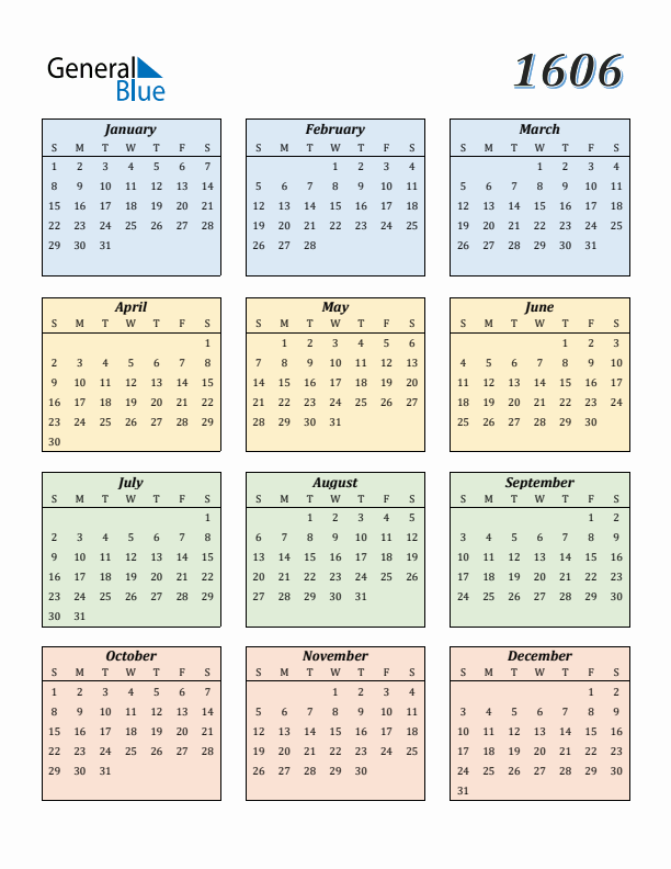 Calendar for 1606 (Sunday Start)