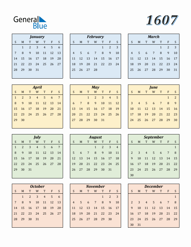 Calendar for 1607 (Sunday Start)