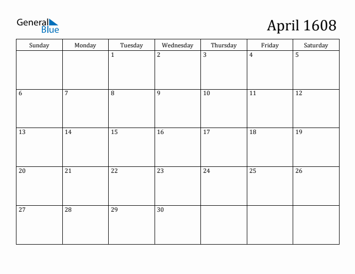 April 1608 Calendar