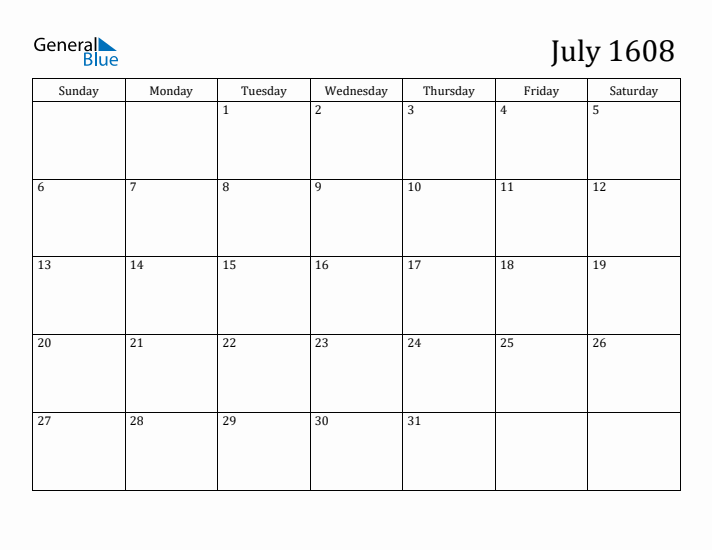 July 1608 Calendar