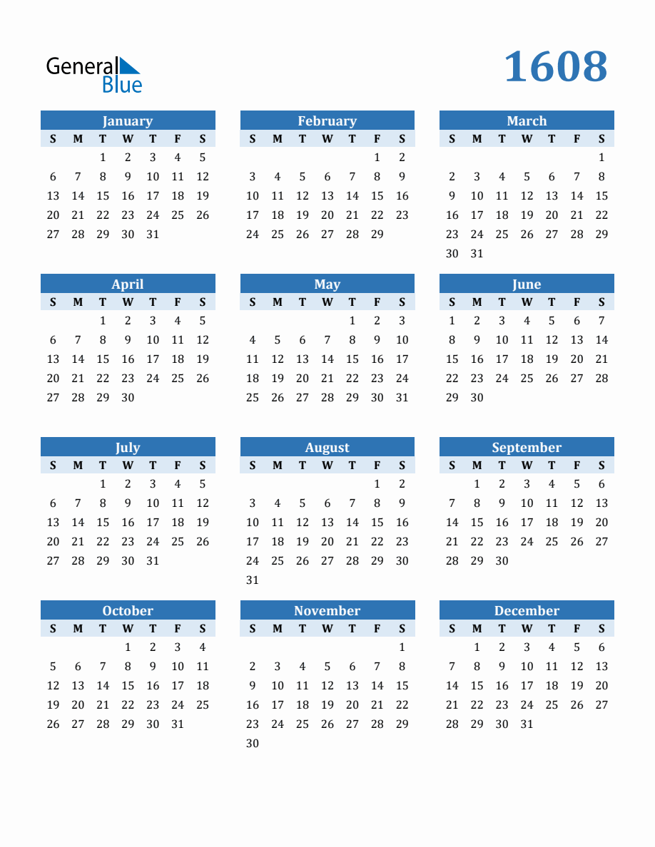Free 1608 Year Calendar in PDF Word and Excel