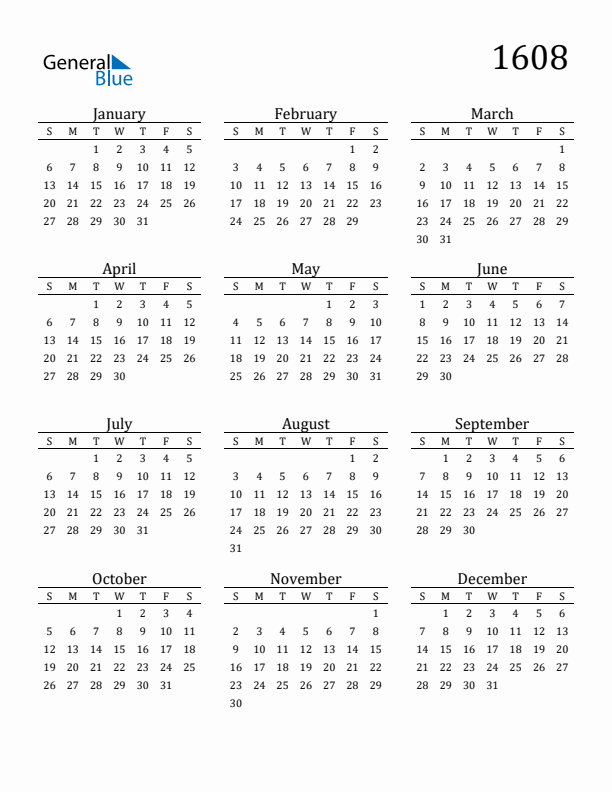 Free Printable Calendar 1608 with Sunday Start