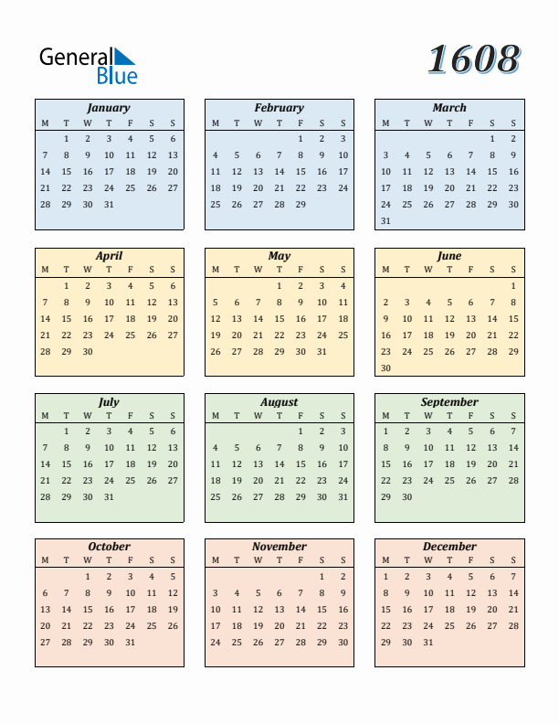 Calendar for 1608 (Monday Start)