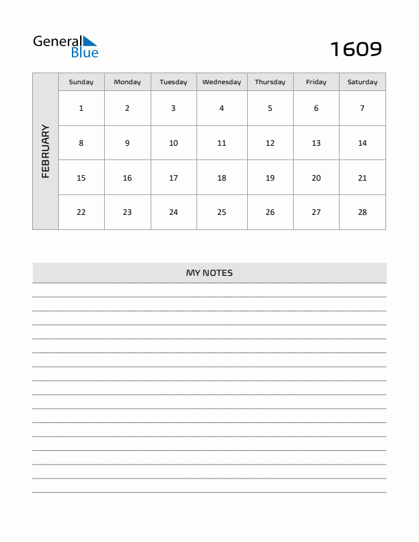 February 1609 Calendar Printable