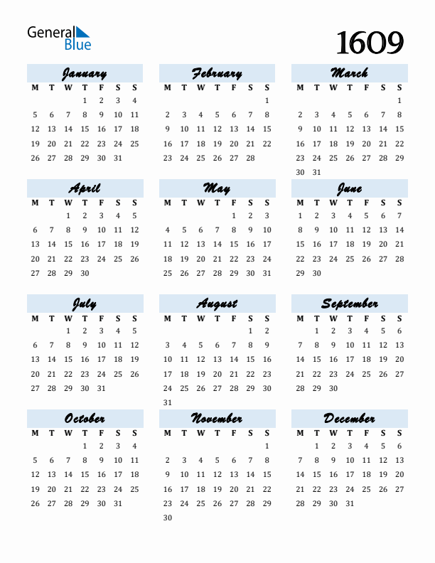 Calendar 1609 Free Download and Print
