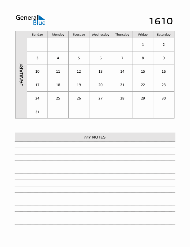 January 1610 Calendar Printable