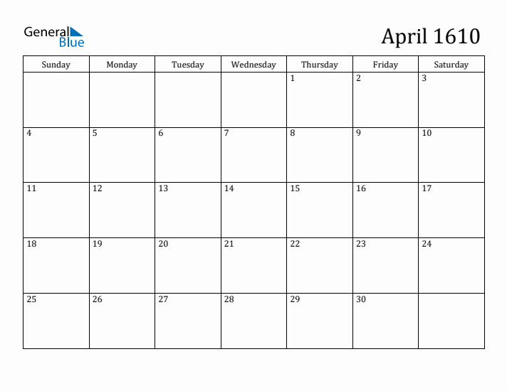 April 1610 Calendar