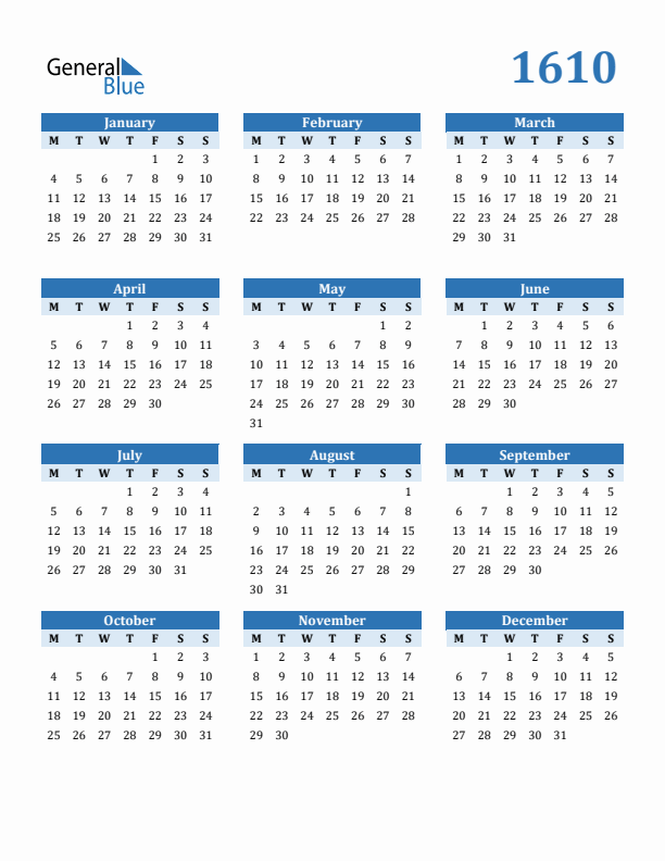 1610 Year Calendar with Monday Start