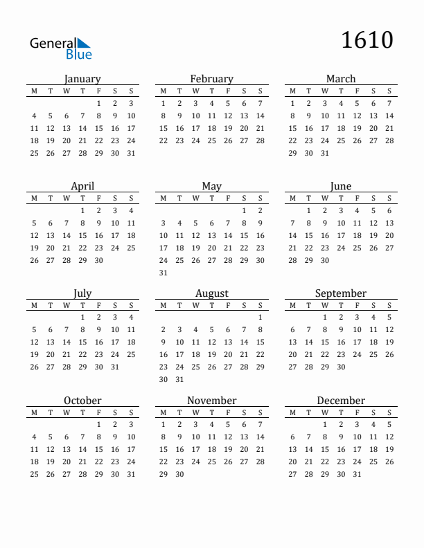 Free Printable Calendar 1610 with Monday Start
