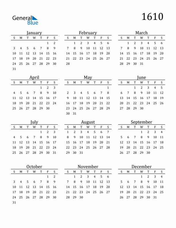 Free Printable Calendar 1610 with Sunday Start
