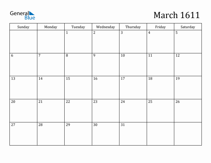 March 1611 Calendar