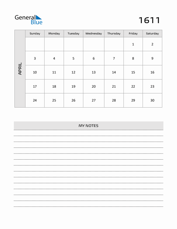 April 1611 Calendar Printable