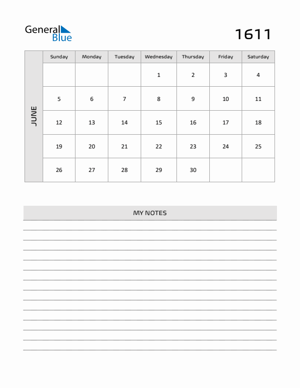 June 1611 Calendar Printable