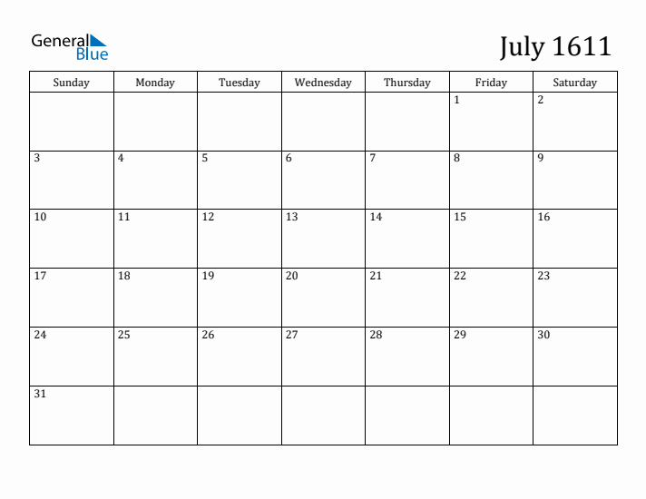 July 1611 Calendar