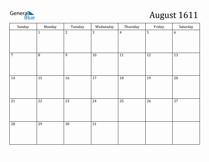 August 1611 Calendar