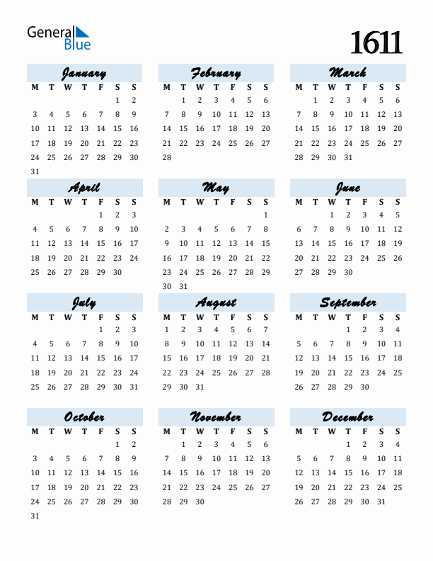 Calendar 1611 Free Download and Print
