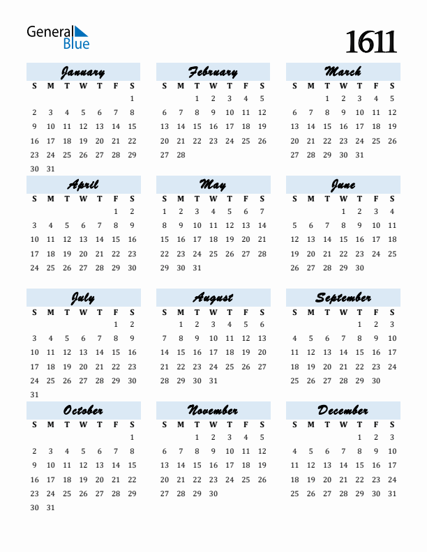Calendar 1611 Free Download and Print