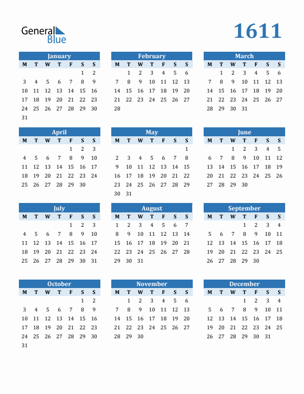 1611 Year Calendar with Monday Start