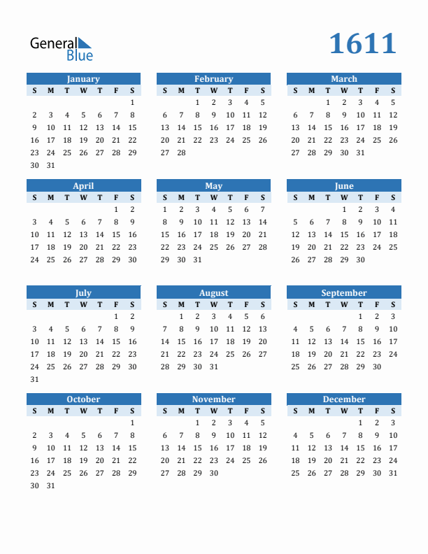 1611 Year Calendar with Sunday Start
