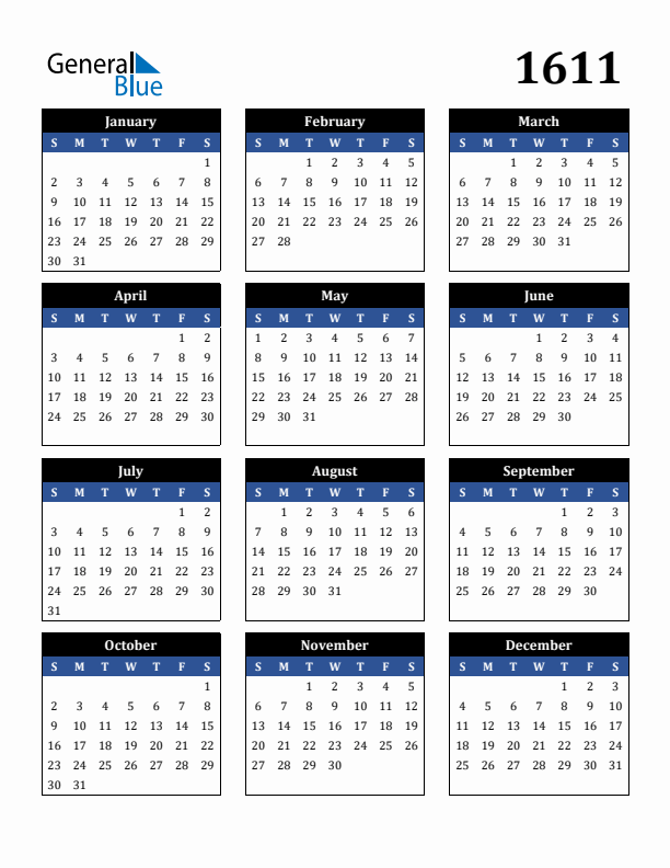 Editable Calendar 1611 - Sunday Start
