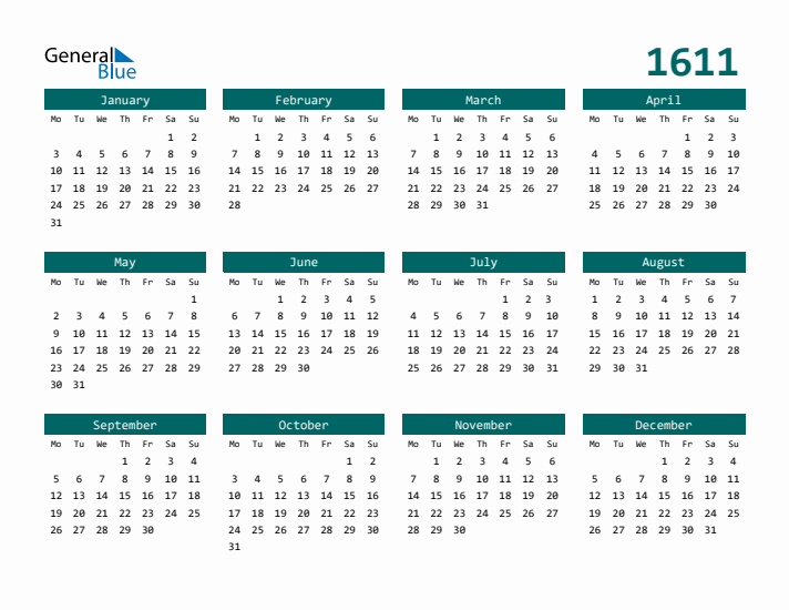 Downloadable 1611 Calendar