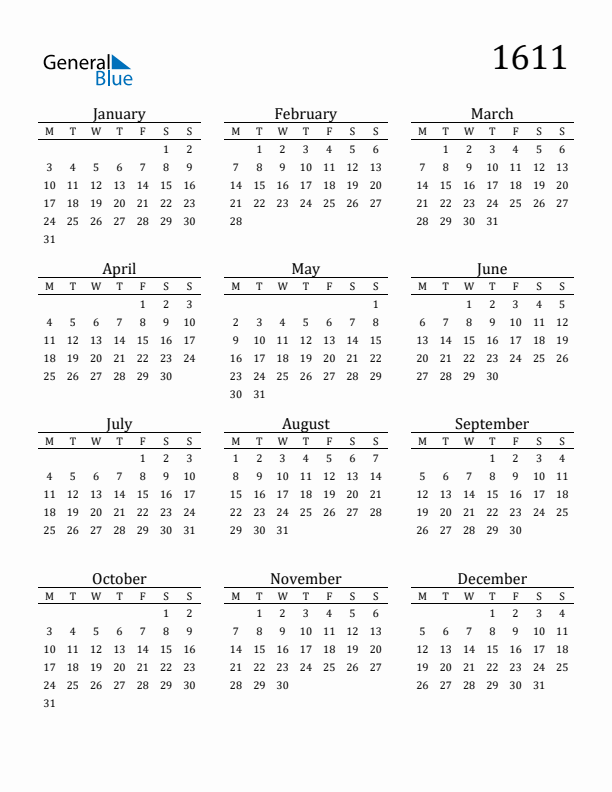 Free Printable Calendar 1611 with Monday Start