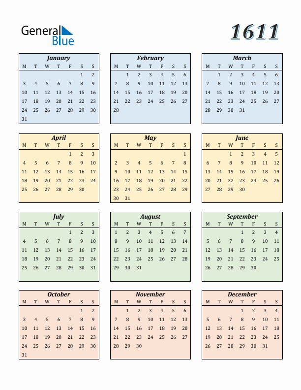 Calendar for 1611 (Monday Start)
