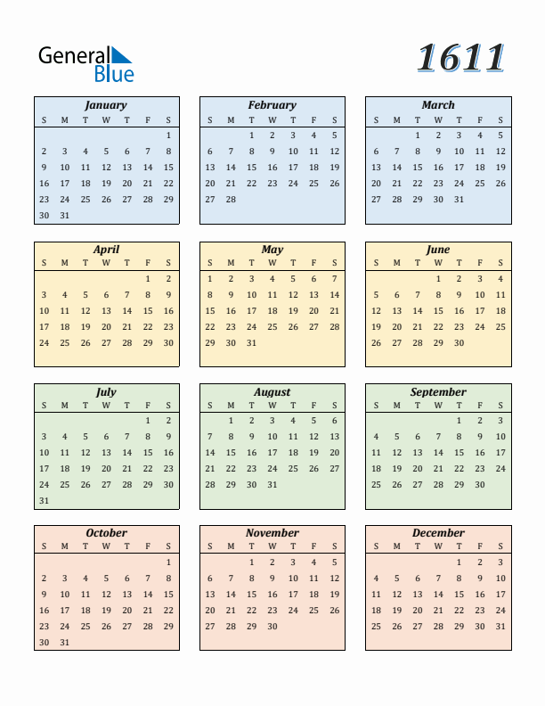 Calendar for 1611 (Sunday Start)
