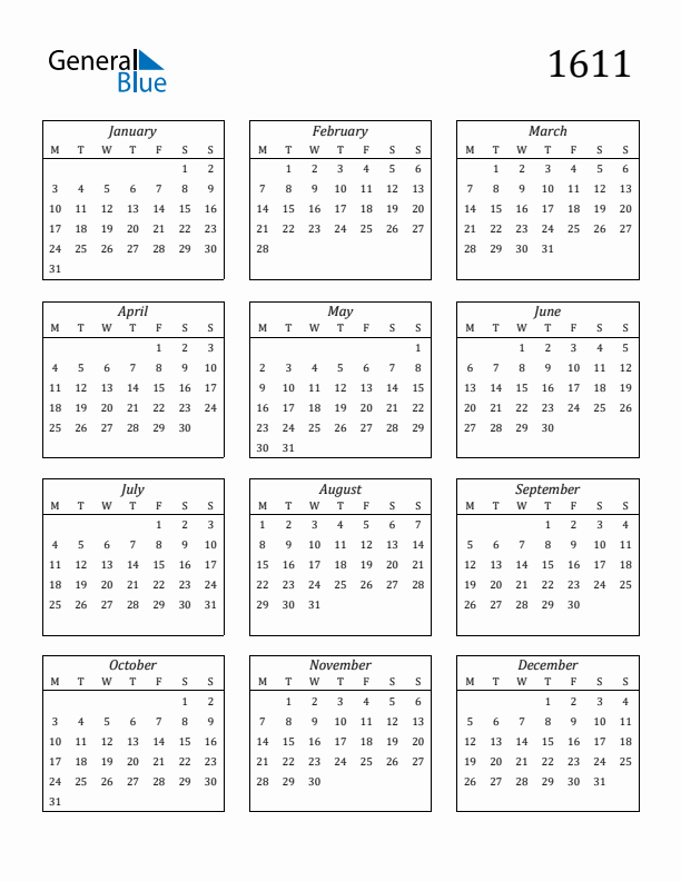 Blank Calendar 1611