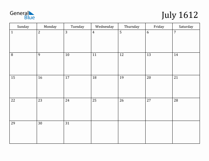 July 1612 Calendar