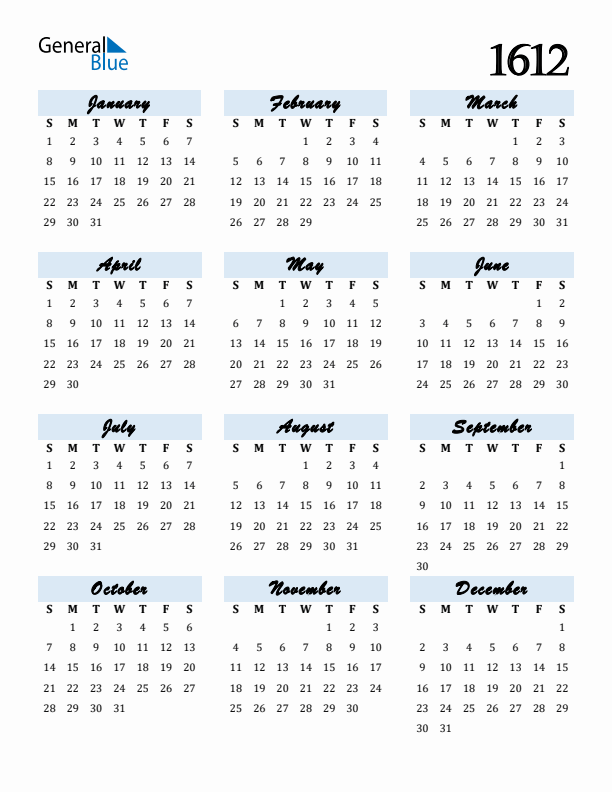 Calendar 1612 Free Download and Print