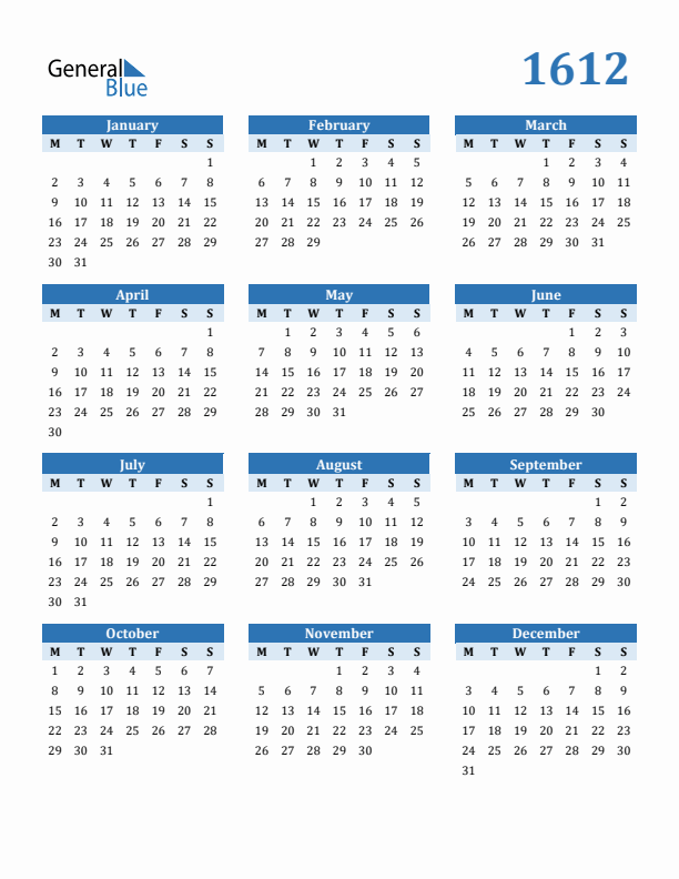 1612 Year Calendar with Monday Start