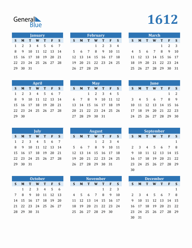 1612 Year Calendar with Sunday Start