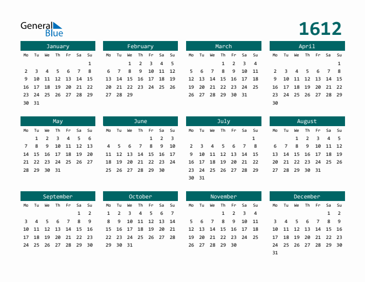 Downloadable 1612 Calendar