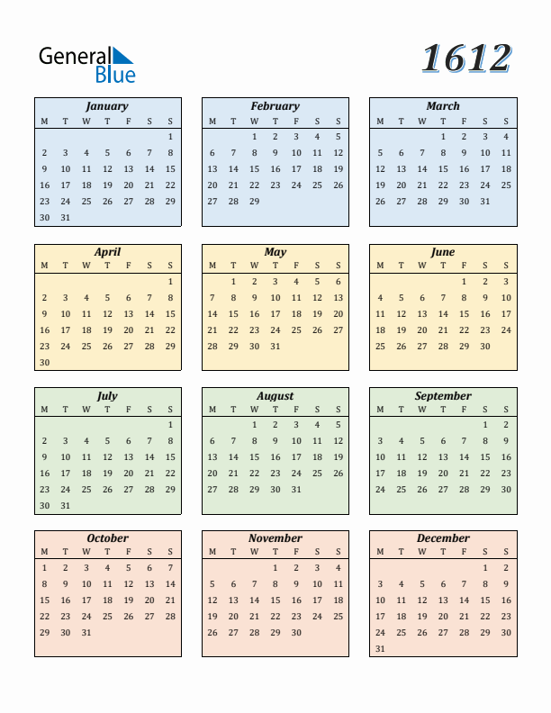 Calendar for 1612 (Monday Start)