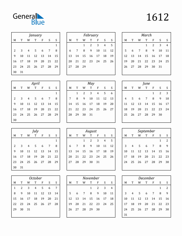 Blank Calendar 1612