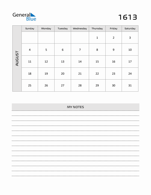 August 1613 Calendar Printable