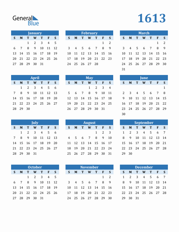 1613 Year Calendar with Sunday Start