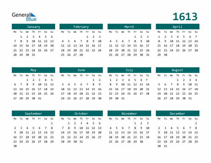 Downloadable 1613 Calendar