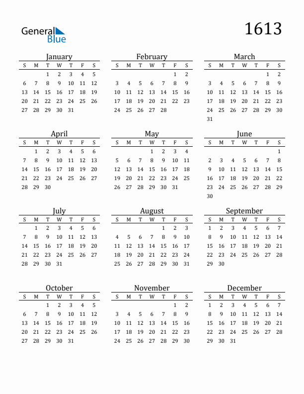 Free Printable Calendar 1613 with Sunday Start