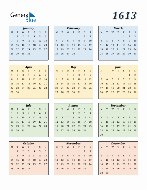 Calendar for 1613 (Monday Start)