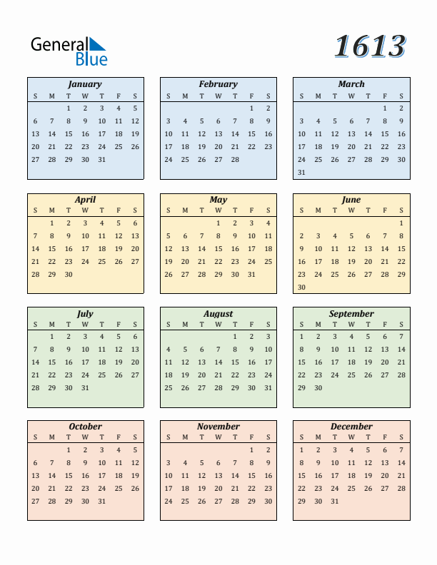 Calendar for 1613 (Sunday Start)