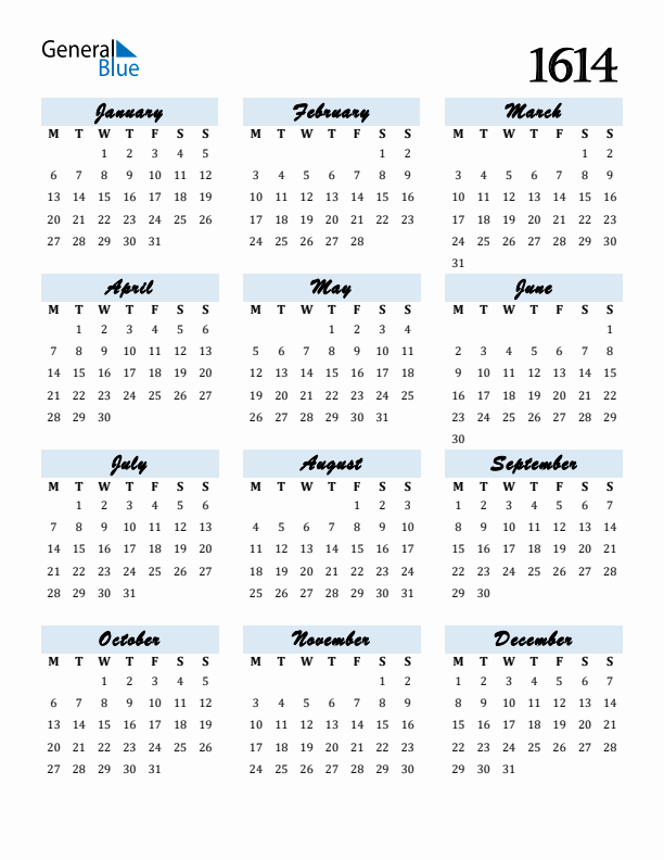 Calendar 1614 Free Download and Print