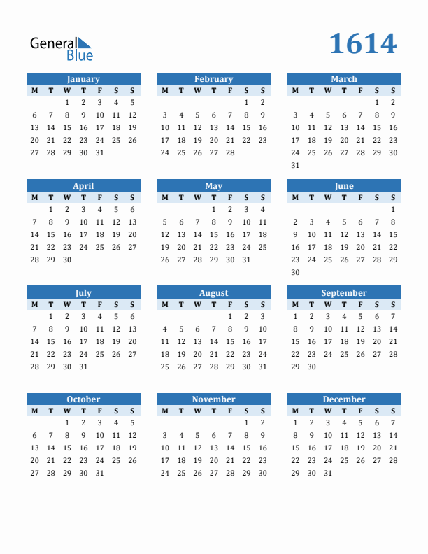 1614 Year Calendar with Monday Start