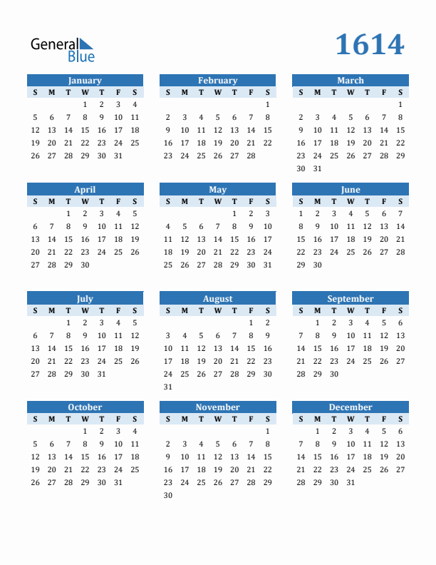 1614 Year Calendar with Sunday Start