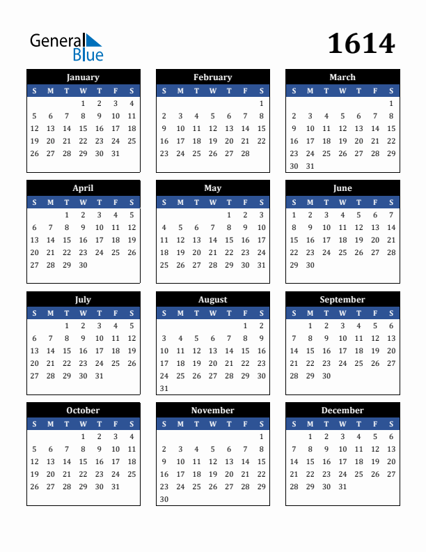 Editable Calendar 1614 - Sunday Start