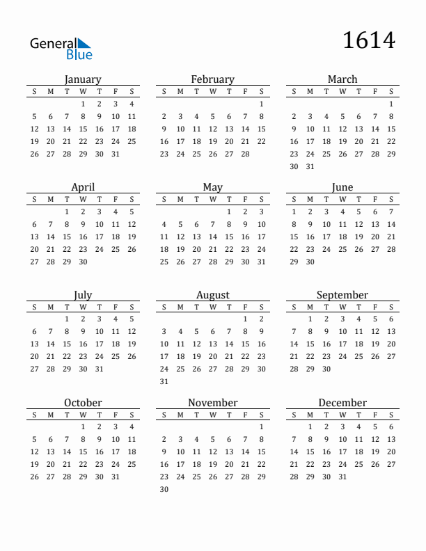 Free Printable Calendar 1614 with Sunday Start