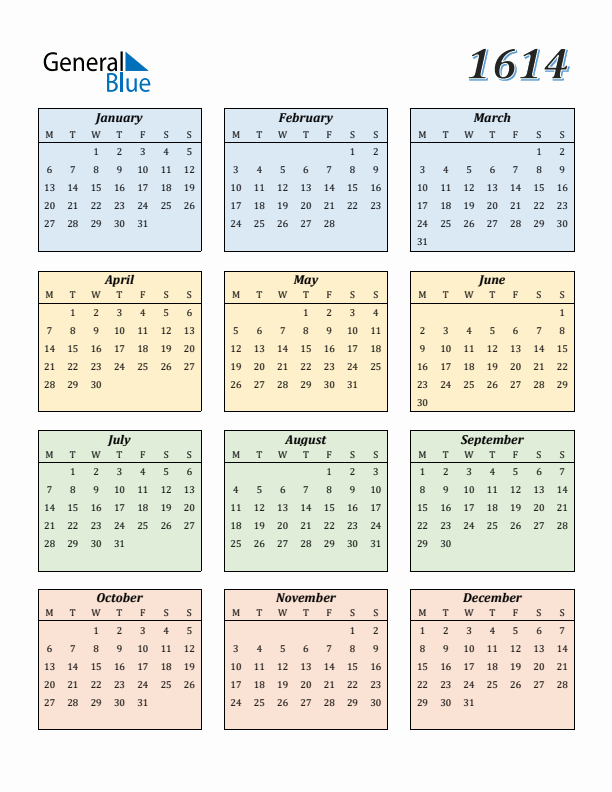 Calendar for 1614 (Monday Start)