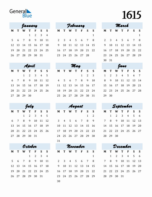 Calendar 1615 Free Download and Print