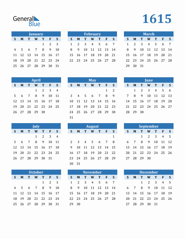 1615 Year Calendar with Sunday Start